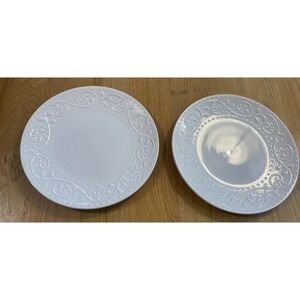 (2) Dover & York‎ 11" White Embossed Scroll And Dot Rim Dinner Plates